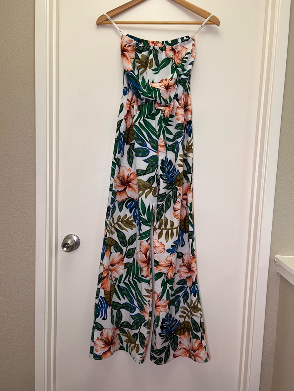 Papaya Tropical Floral Strapless Jumpsuit Wide Leg Resort Vacation Small - Picture 2 of 7